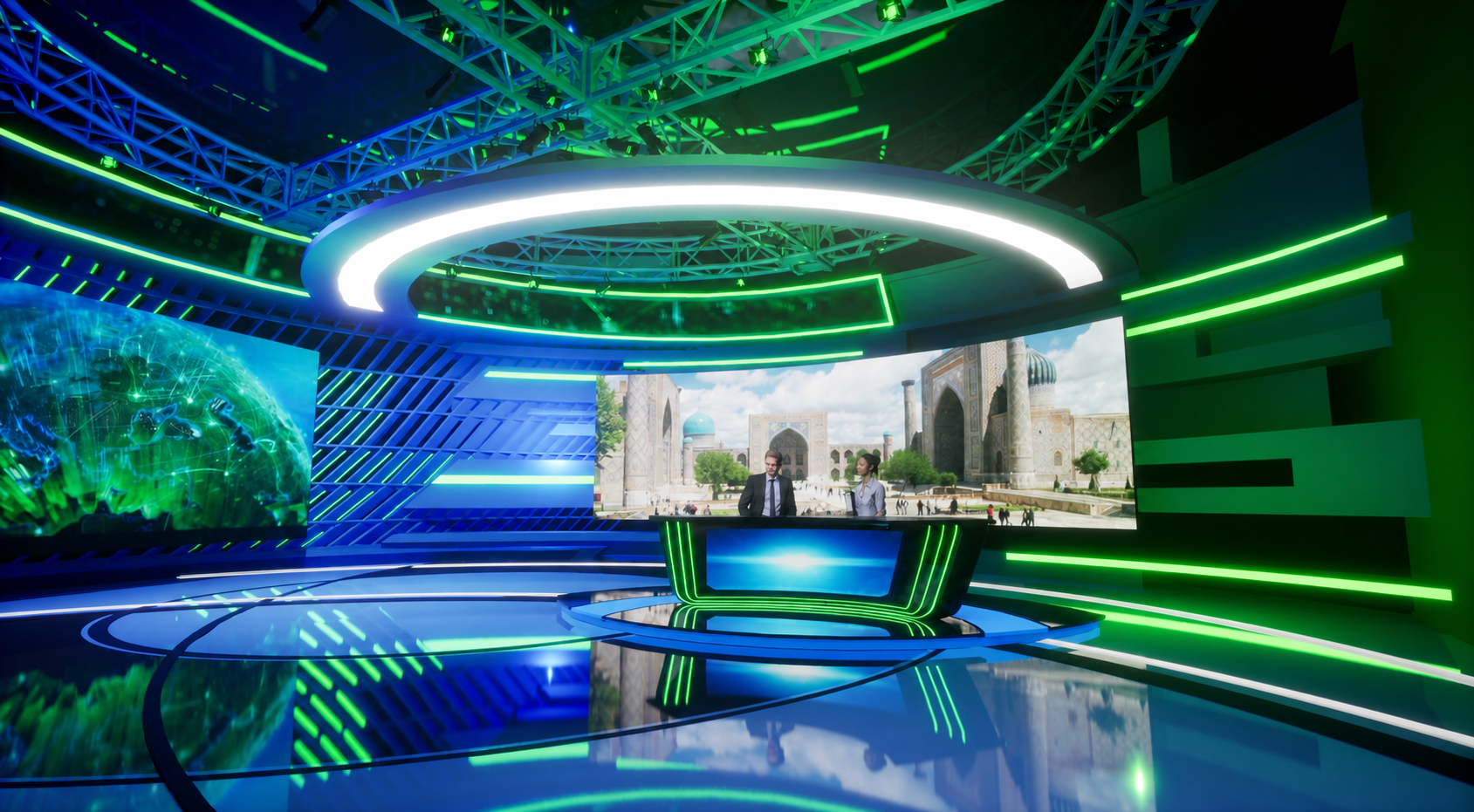 Immersive green-blue studio with circular ceiling light, reflective floor and central anchor desk.